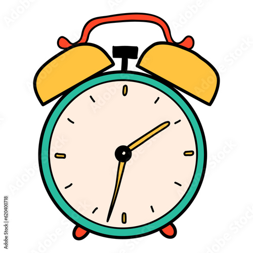 School alarmclock cartoon in doodle retro style. Back to school stationery element bold bright. Classic supplies for children education. Fun vector illustration isolated on white background.