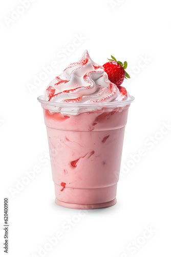 Strawberry milkshake in plastic takeaway cup isolated on white background
