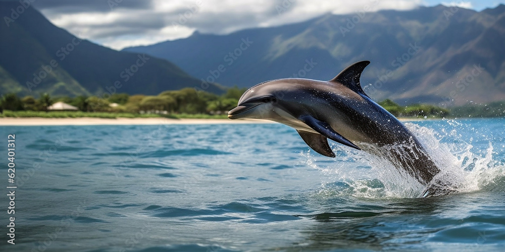 Fototapeta premium A dolphin jumps out of the sea near the shore of a tropical island. Generative AI