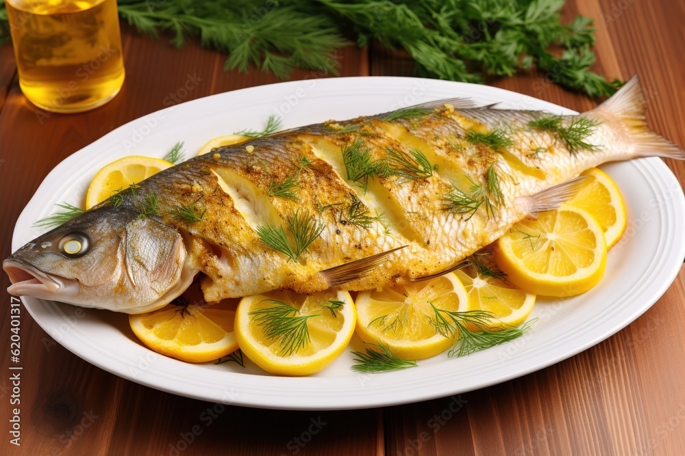 Baked fish with lemon. Serving meals from the chef. Generative AI. High quality illustration Baked fish with lemon. Serving meals from the chef. Generative AI. High quality illustration