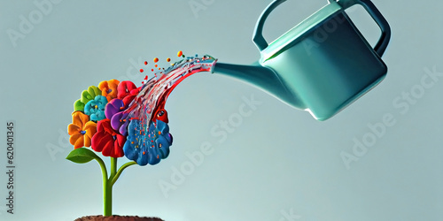 A watering can waters the human brain growing like a flower in a pot. Generative AI