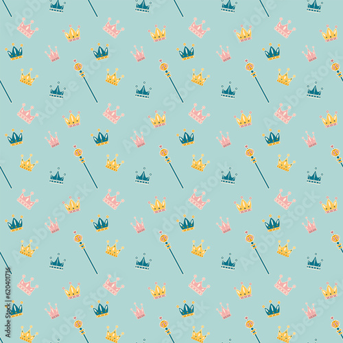 Crowns and sceptre seamless pattern. Flat illustration. Cartoon flat royal wrapping paper.