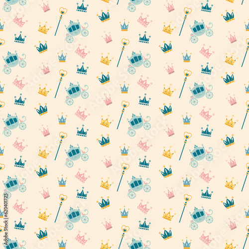 Crowns and sceptre seamless pattern. Cartoon flat illustration. Wrapping paper. photo