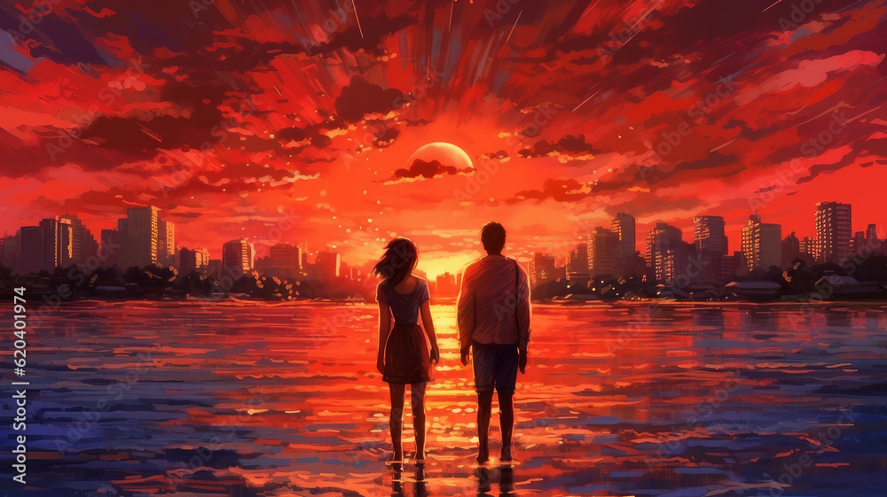 Fototapeta premium couple of lovers walk away in sunset city.