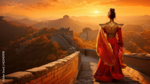 Chinese woman on the Great Wall of China