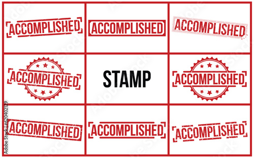 Accomplished stamp red rubber stamp on white background. Accomplished stamp sign. Accomplished stamp set.