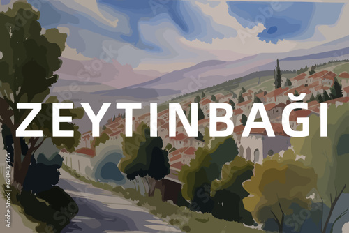 Beautiful watercolor painting of a Turkish village with the name Zeytinbağı in Bursa