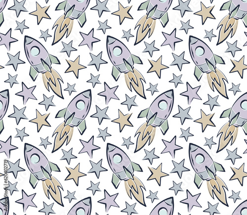 Seamless background with flying rocket and stars.