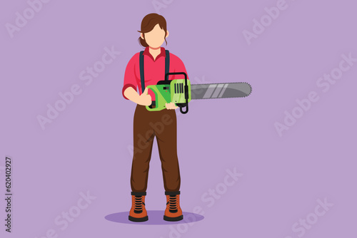 Graphic flat design drawing pretty woman lumberjack with workwear and chainsaw. Wearing shirt, jeans, boots. Beautiful female woodcutter pose on the logging forest. Cartoon style vector illustration