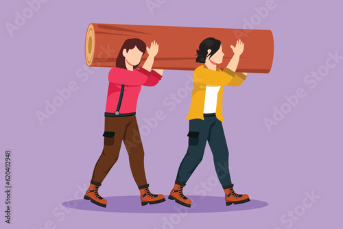 Cartoon flat style drawing two beautiful woman lumberjack laborers carrying heavy wooden log on shoulders. Strong female woodcutter working in wood logging industry. Graphic design vector illustration