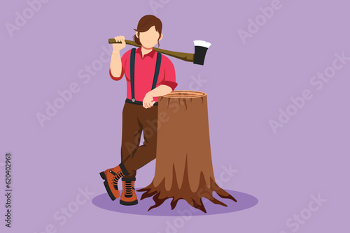 Cartoon flat style drawing woman lumberjack lean on wood log. Wearing shirt, jeans and boots. Holding on her shoulder a ax. Female lumberjack pose on logging forest. Graphic design vector illustration