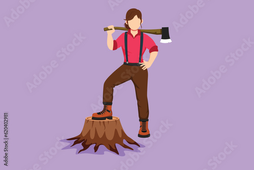 Cartoon flat style drawing pretty woman lumberjack wearing shirt, jeans, boots. Holding on her shoulder a ax posing with one foot on tree stump. Strong girl with ax. Graphic design vector illustration