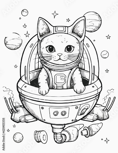 Cute space cats coloring page for kids, Alien cat pirate in a spaceship in galaxy. Cute cosmonaut cats in outer space and rockets illustration.