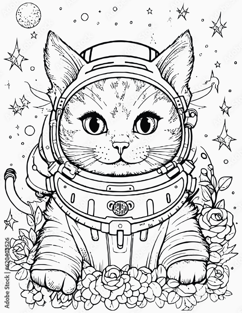 Cute space cats coloring page for kids, Alien cat pirate in a spaceship in galaxy. Cute cosmonaut cats in outer space and rockets illustration.