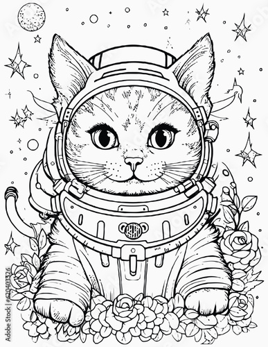 Cute space cats coloring page for kids, Alien cat pirate in a spaceship in galaxy. Cute cosmonaut cats in outer space and rockets illustration.