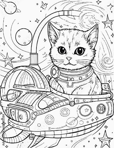 Cute space cats coloring page for kids, Alien cat pirate in a spaceship in galaxy. Cute cosmonaut cats in outer space and rockets illustration.