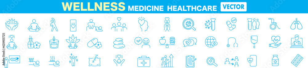 Fototapeta premium Wellness, relaxation, health, exercise, yoga, spa, diet, wellbeing, icon set collection.