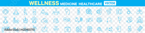 Wellness, relaxation, health, exercise, yoga, spa, diet, wellbeing, icon set collection.