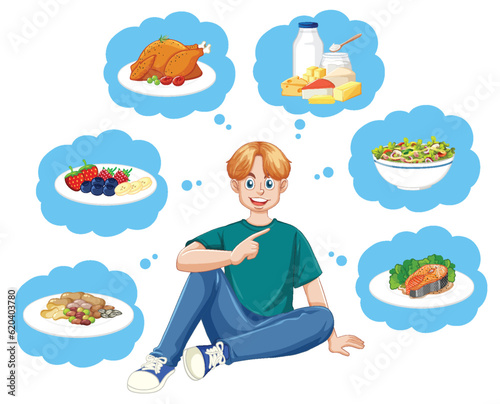 A caucasian teen thinking of eating healthy food