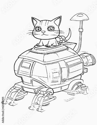 Cute space cats coloring page for kids, Alien cat pirate in a spaceship in galaxy. Cute cosmonaut cats in outer space and rockets illustration.