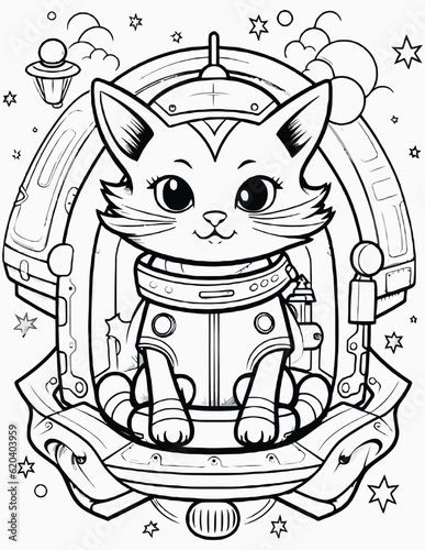 Cute space cats coloring page for kids, Alien cat pirate in a spaceship in galaxy. Cute cosmonaut cats in outer space and rockets illustration.