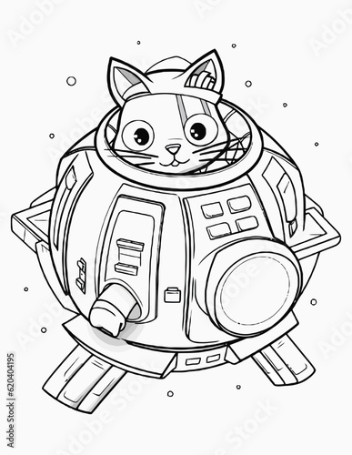 Cute space cats coloring page for kids, Alien cat pirate in a spaceship in galaxy. Cute cosmonaut cats in outer space and rockets illustration.