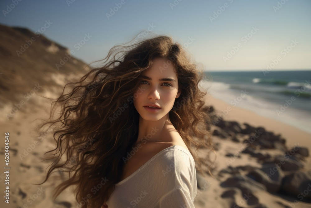 Hyper Realistic Painting Portrait of a Fictional Beautiful Young Woman on a Beach. Generative AI illustration.
