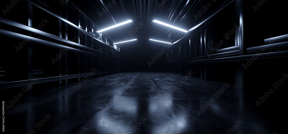 Fototapeta premium Modern Studio Metal Cement Concrete Asphalt Garage Hangar Tunnel Corridor Showroom Underground Bloom Lights Dark Realistic 3D Rendering