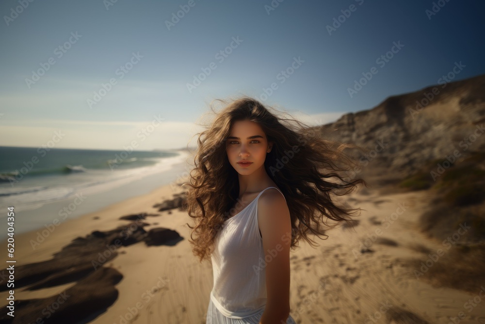 Hyper Realistic Painting Portrait of a Fictional Beautiful Young Woman on a Beach. Generative AI illustration.