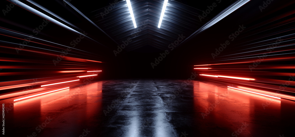 Obraz premium Futuristic Sci Fi Cyber Neon Laser White White Orange Lights Metal Stripe Glossy Barn Garage Studio Showroom Tunnel Corridor Underground Concrete Warehouse Room 3D Rendering