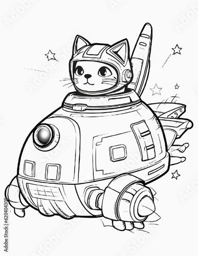 Cute space cats coloring page for kids, Alien cat pirate in a spaceship in galaxy. Cute cosmonaut cats in outer space and rockets illustration.