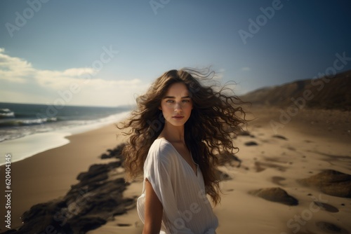 Hyper Realistic Painting Portrait of a Fictional Beautiful Young Woman on a Beach. Generative AI illustration.