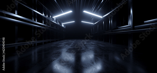 Fototapeta Naklejka Na Ścianę i Meble -  Modern Studio Metal Cement Concrete Asphalt Garage Hangar Tunnel Corridor Showroom Underground Bloom Lights Dark Realistic 3D Rendering