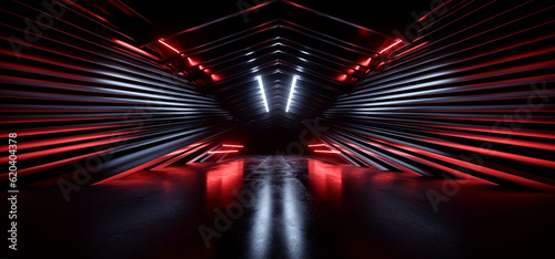 Fototapeta Naklejka Na Ścianę i Meble -  Futuristic Sci Fi Cyber Neon Laser White White Orange Lights Metal Stripe Glossy Barn Garage Studio Showroom Tunnel Corridor Underground Concrete Warehouse Room 3D Rendering