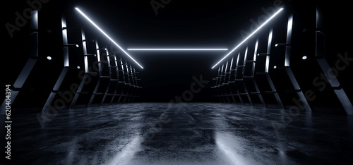 Fototapeta Naklejka Na Ścianę i Meble -  Dark Futuristic Sci Fi Cyber Neon Laser Stripe Lights Metal Stripe Glossy Barn Garage Studio Showroom Tunnel Corridor Underground Concrete Warehouse Room 3D Rendering