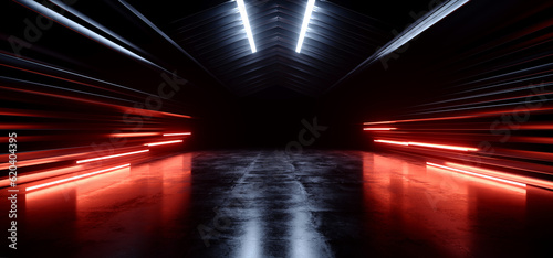 Fototapeta Naklejka Na Ścianę i Meble -  Futuristic Sci Fi Cyber Neon Laser White White Orange Lights Metal Stripe Glossy Barn Garage Studio Showroom Tunnel Corridor Underground Concrete Warehouse Room 3D Rendering