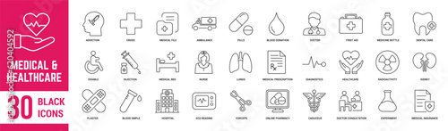 Medical and Healthcare thin line outline icons set. Healthcare, hospital, doctor, virus, pharmacy, lab, medicine and nurse. Vector illustration.