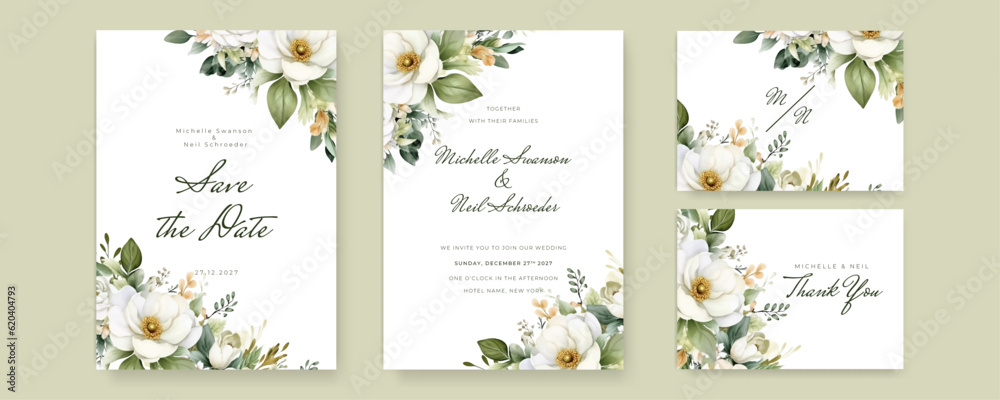 Vector watercolor wedding invitation card template with pink and burgundy floral and leaves decoration