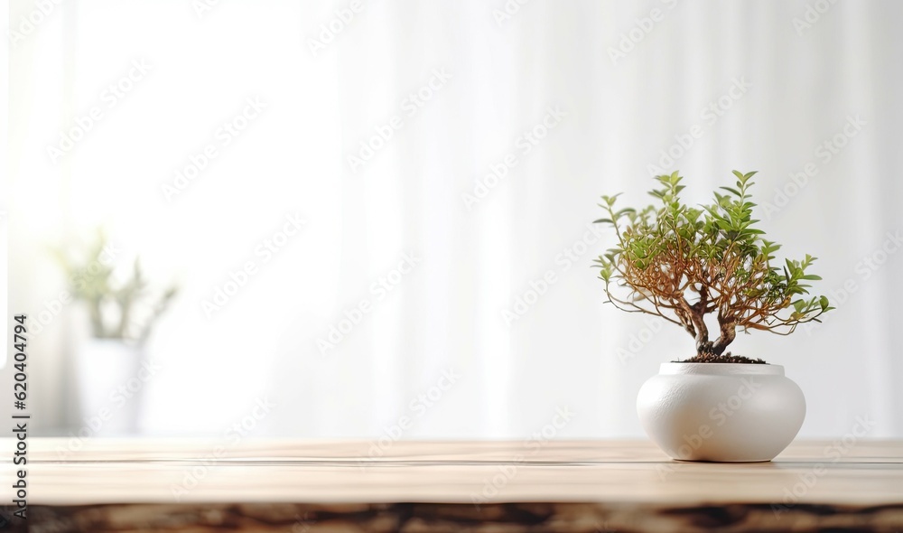 Modern Interior Design Concept with White Wall Background. Tabletop for your product with Tree Pot and Beautiful Plants as Decoration in Room Modern Interior Design Concept with White Wall Background. Tabletop for your product with Tree Pot and Beautiful Plants as Decoration in Room