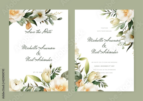 vector floral wedding invitation template set with elegant soft leaves