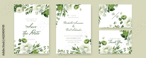 Watercolor wedding invitation template set with romantic purple violet floral and leaves decoration