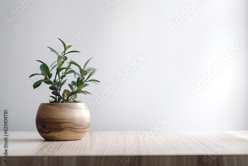 Modern Interior Design Concept with White Wall Background. Tabletop for your product with Tree Pot and Beautiful Plants as Decoration in Room