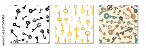 Vector Keys. Various vintage, antique and modern Keys. Different types, sizes. Set of three Square Seamless patterns. Background, Wallpaper, wrapping paper, poster template