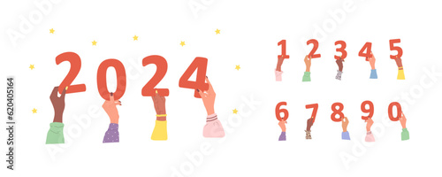 Group of different female hands holding red festive 2024 numbers for New Year celebration. Diverse multi-ethnic people are together. Vector hand drawn illustration in cartoon style.