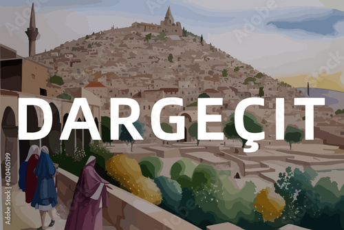 Beautiful watercolor painting of a Turkish scene with the name Dargeçit in Mardin