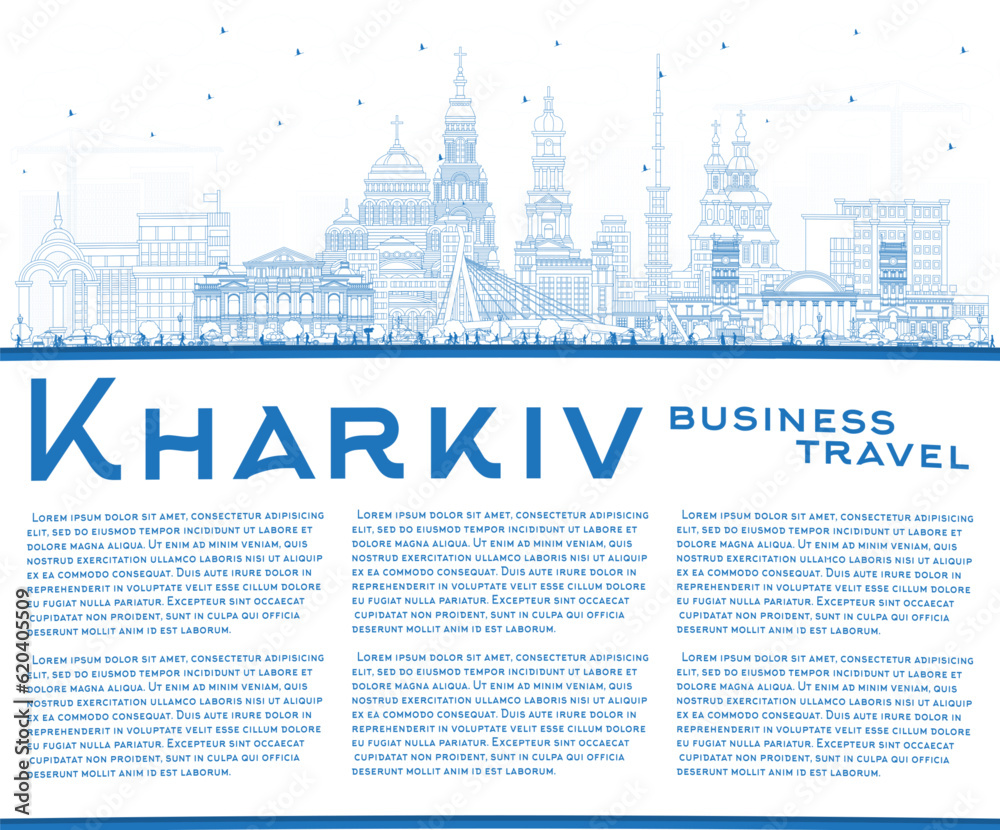 Outline Kharkiv Ukraine City Skyline with Blue Buildings and Copy Space.