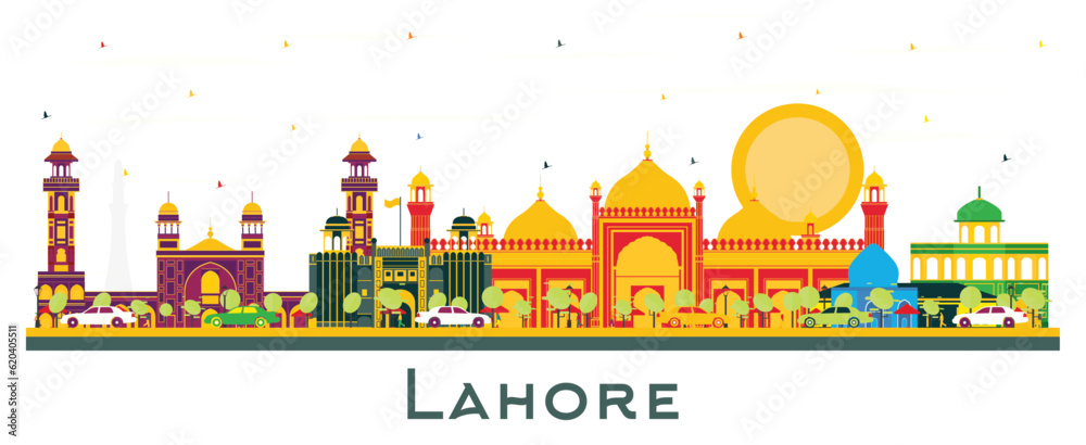 Lahore Pakistan City Skyline with Color Landmarks Isolated on White.