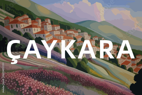 Beautiful watercolor painting of a Turkish scene with the name Çaykara in Trabzon