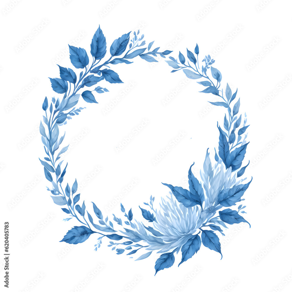 Watercolor wreath of blue flower and leaves on transparent background,generative ai Watercolor wreath of blue flower and leaves on transparent background,generative ai