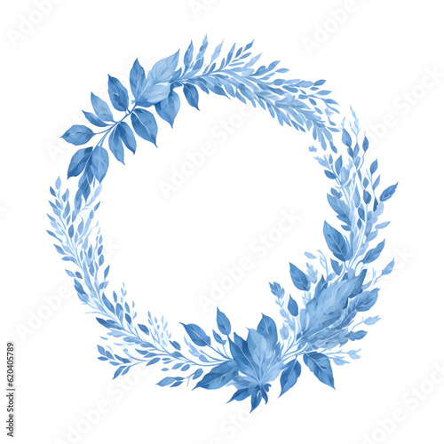 Watercolor wreath of blue flower and leaves on transparent background generative ai